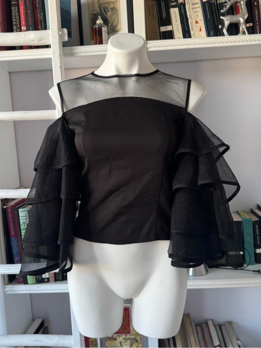 PrettyLittleThing Black Sheer Panel Cold-Shoulder Top with Tiered Ruffle Sleeves
